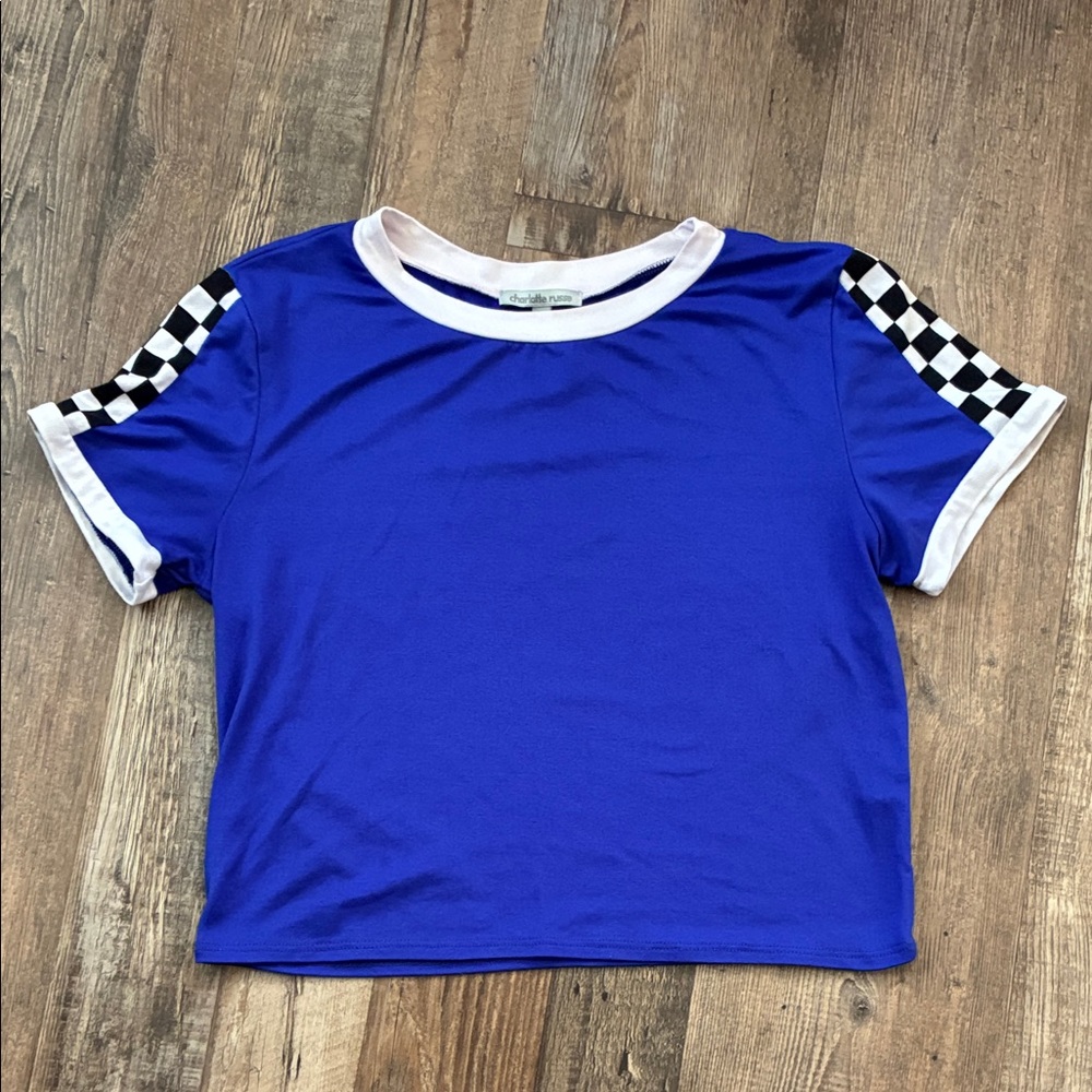 Charlotte Russe Royal Blue Short Sleeve Tee with Checker Sleeve